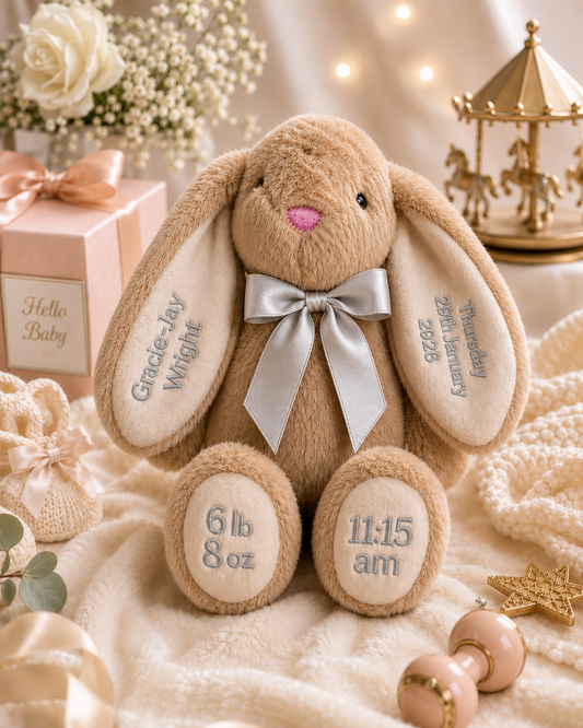 Personalised soft bunny keepsake in silver with custom name