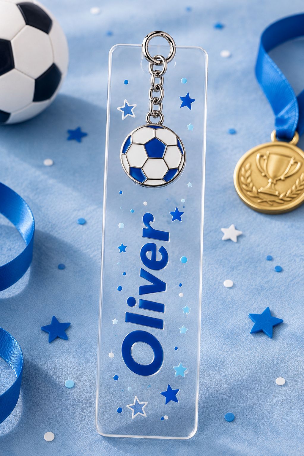 Personalised acrylic bookmark keyring party favour with football design