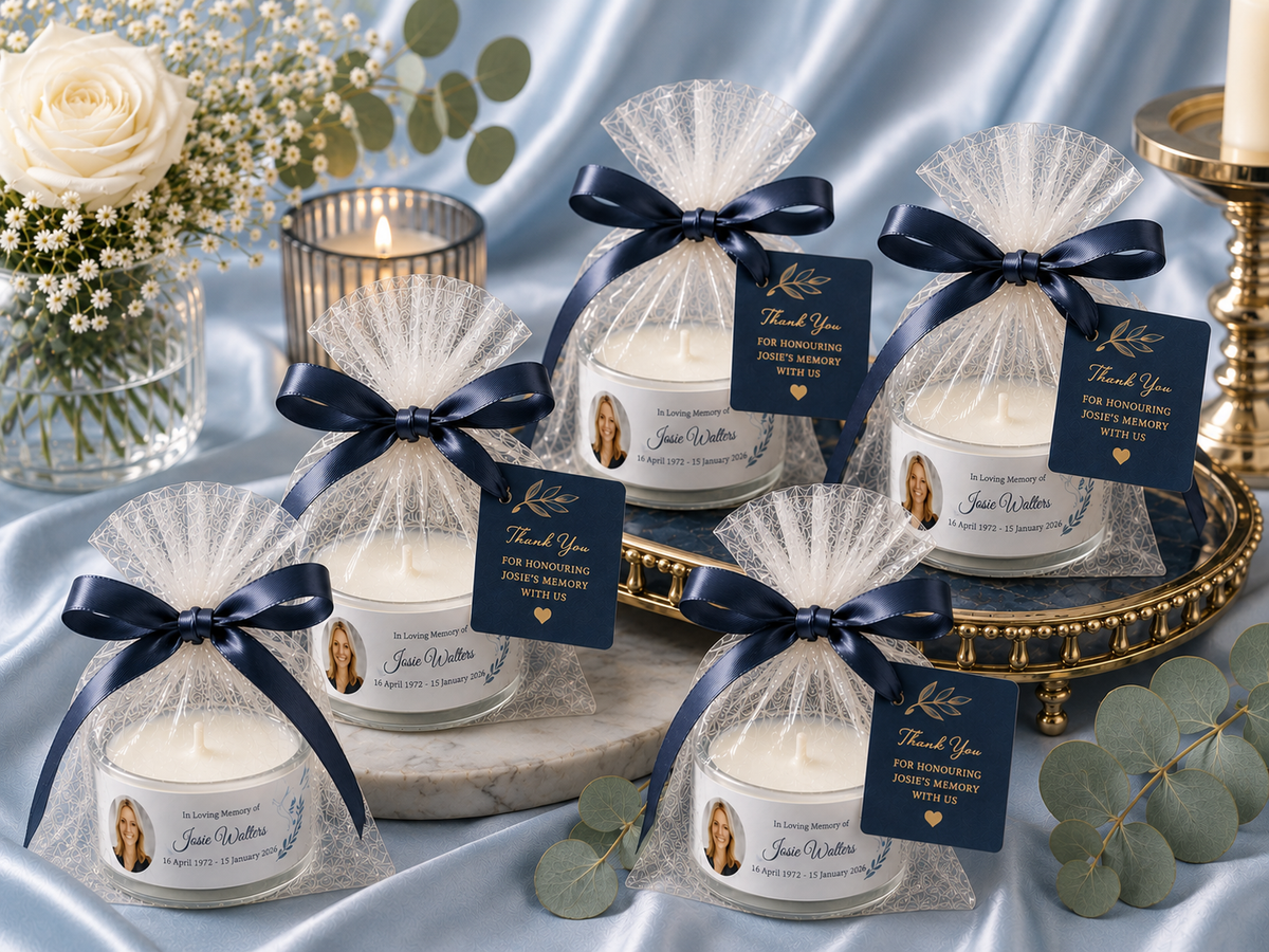 Personalised memorial tea light favours in dark blue