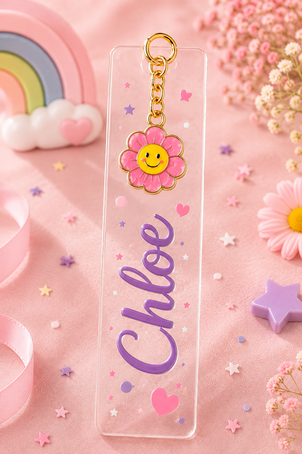 Personalised acrylic bookmark keyring party favour with flower design