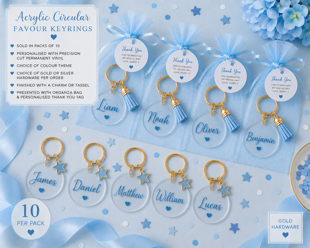 Personalised acrylic name keyring party favours in gold and blue