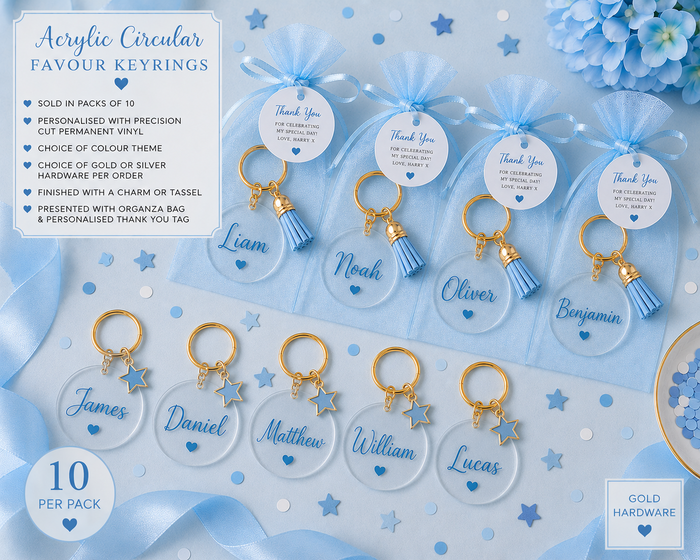 Personalised acrylic name keyring party favours in gold and blue
