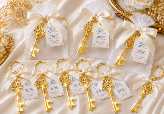 Personalised gold key bottle opener wedding favour