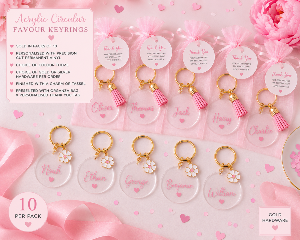 Personalised acrylic name keyring party favours in gold and pink