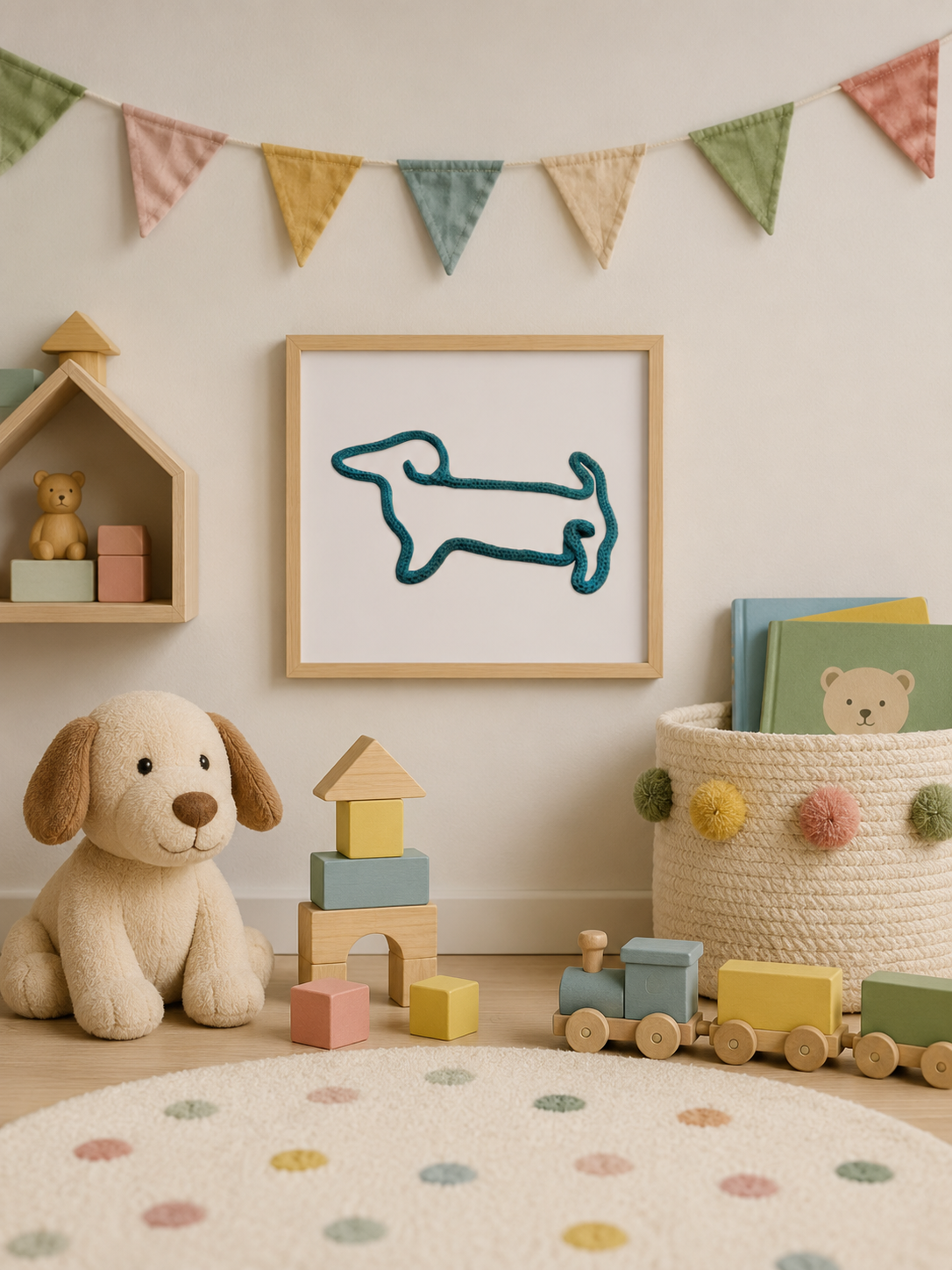 Handmade Tricotin sausage dog rope wall art