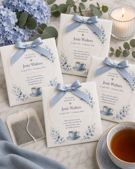 Personalised memorial tea bag favours in light blue