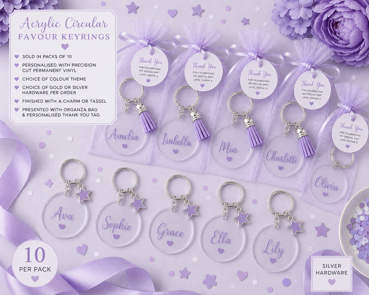Personalised acrylic name keyring party favours in lilac and chrome