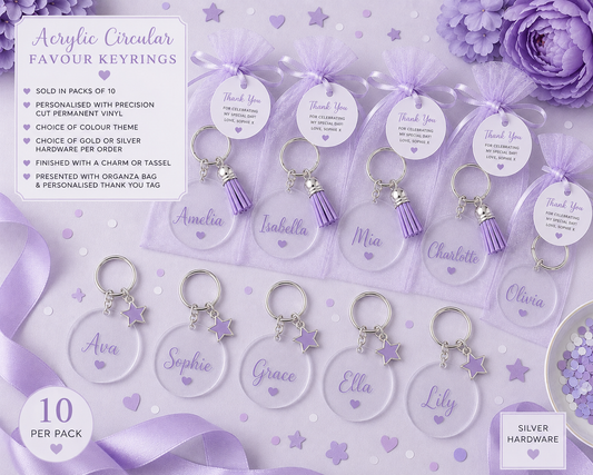 Personalised acrylic name keyring party favours in lilac and chrome