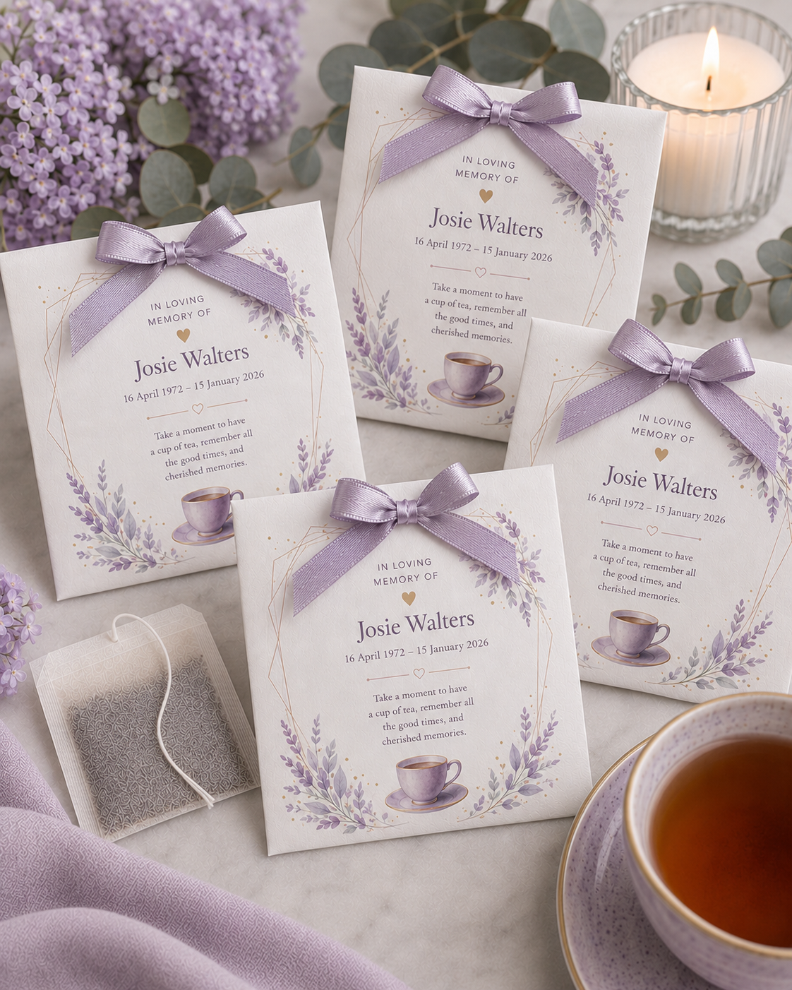 Personalised memorial tea bag favours in lilac