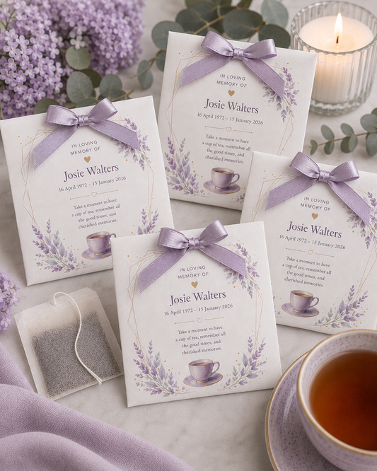 Personalised memorial tea bag favours in lilac