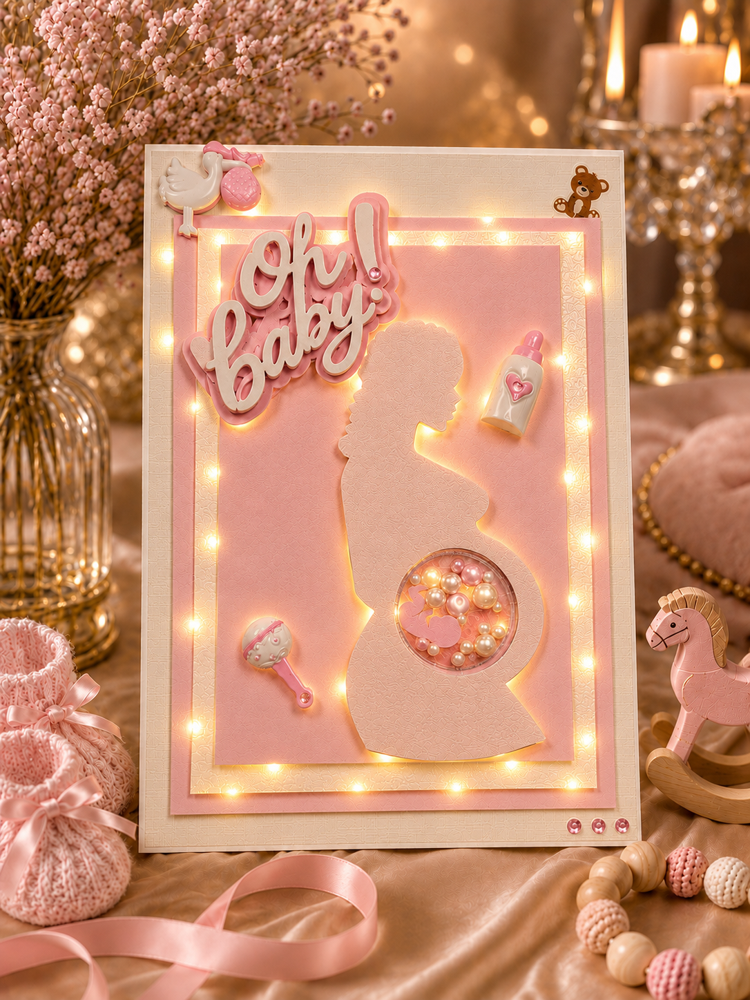 Personalised baby shower keepsake card in pale pink with LED lights