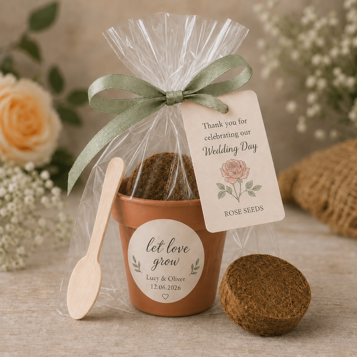 Personalised seed planting kit with plastic pot and organza bag