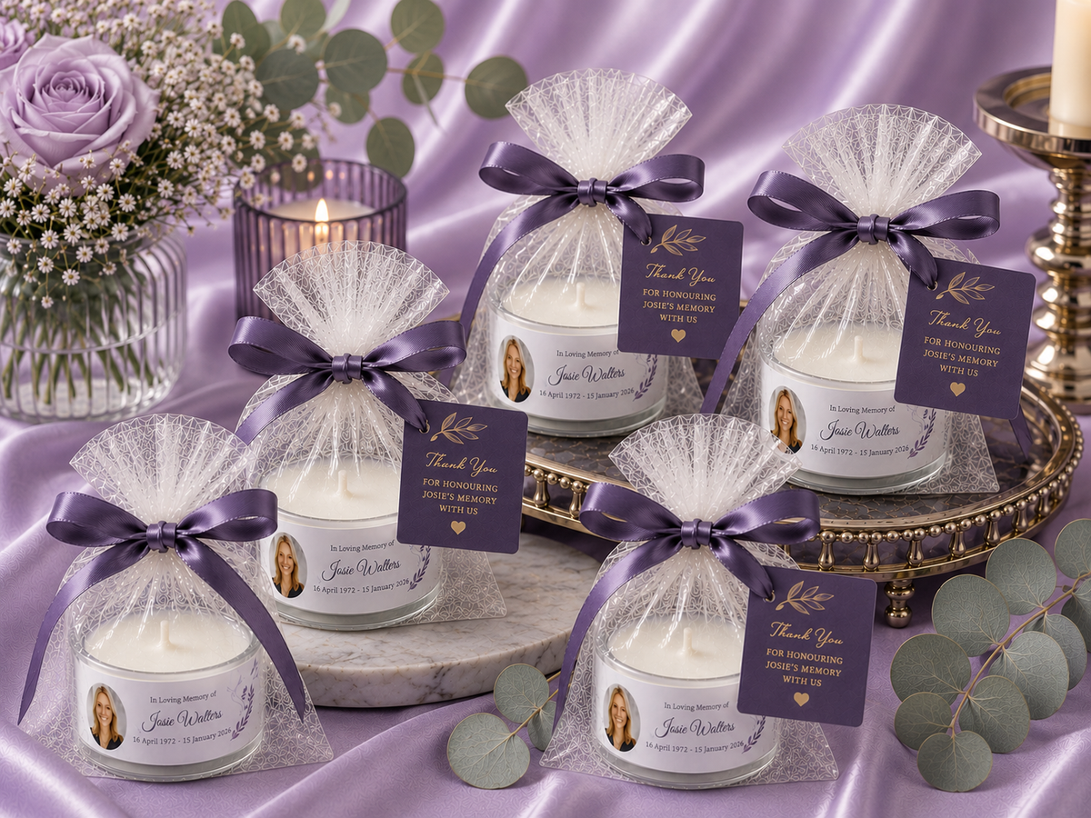 Personalised memorial tea light favours in purple