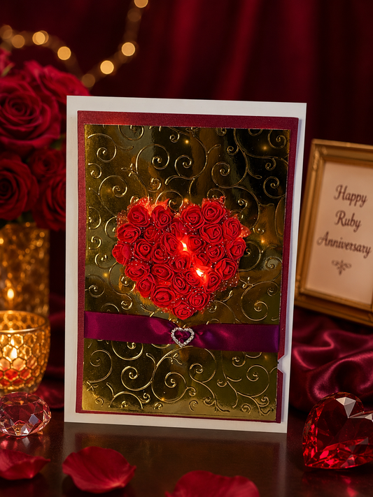 Happy Ruby Anniversary card with LED lights - rose heart on gold embossed background, front view