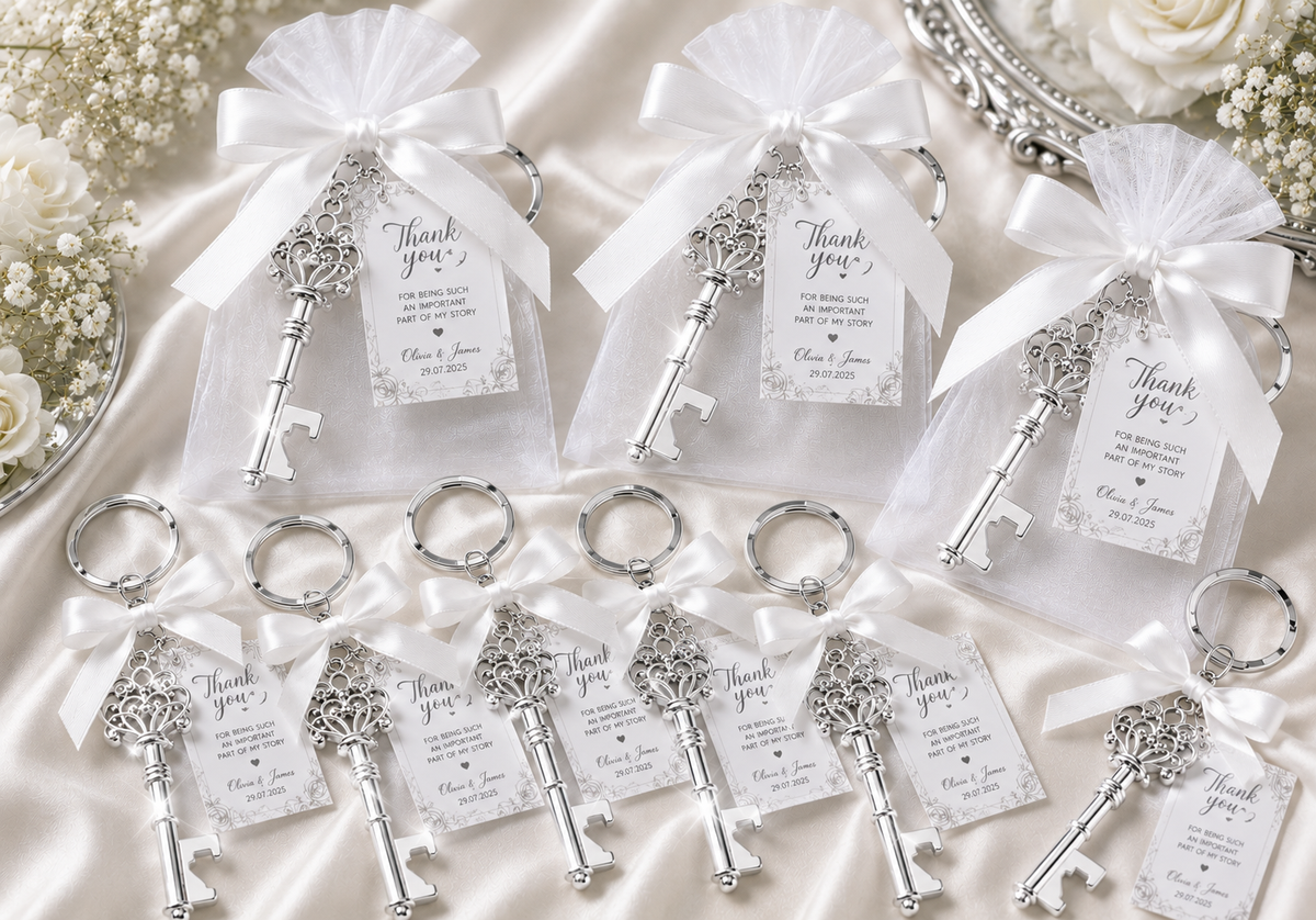 Personalised silver key bottle opener wedding favour