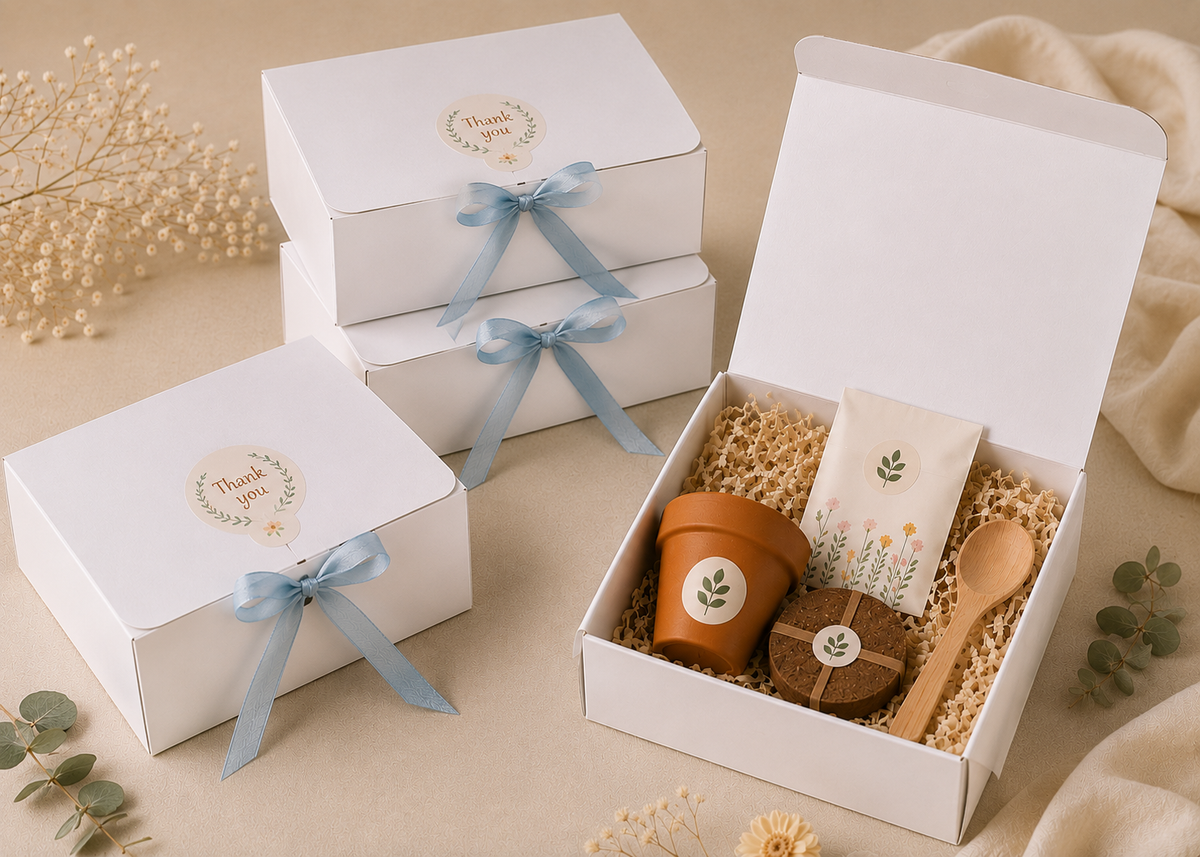 Personalised seed planting kit with terracotta pot in white gift box