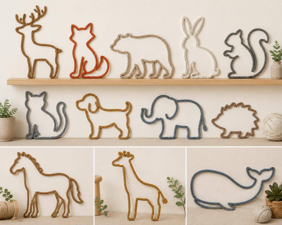 Handmade cotton rope animal ornaments including deer, fox, bear, rabbit, squirrel, cat, dog, elephant, hedgehog, horse, giraffe and whale in natural, orange, cream, grey, mustard and blue colours