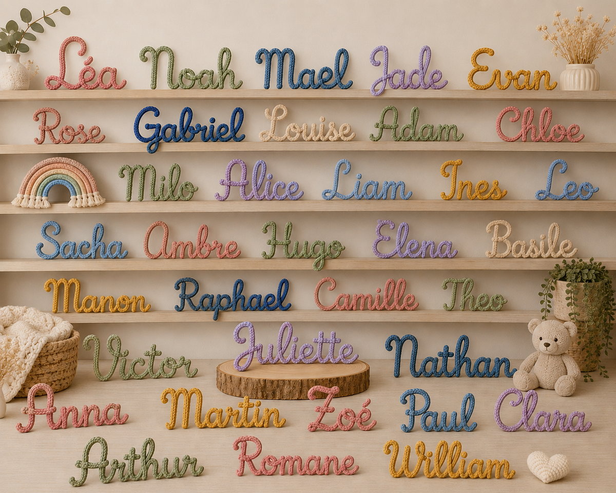 Large display of personalised rope name signs in multiple colours showing a wide range of children's names in cursive script