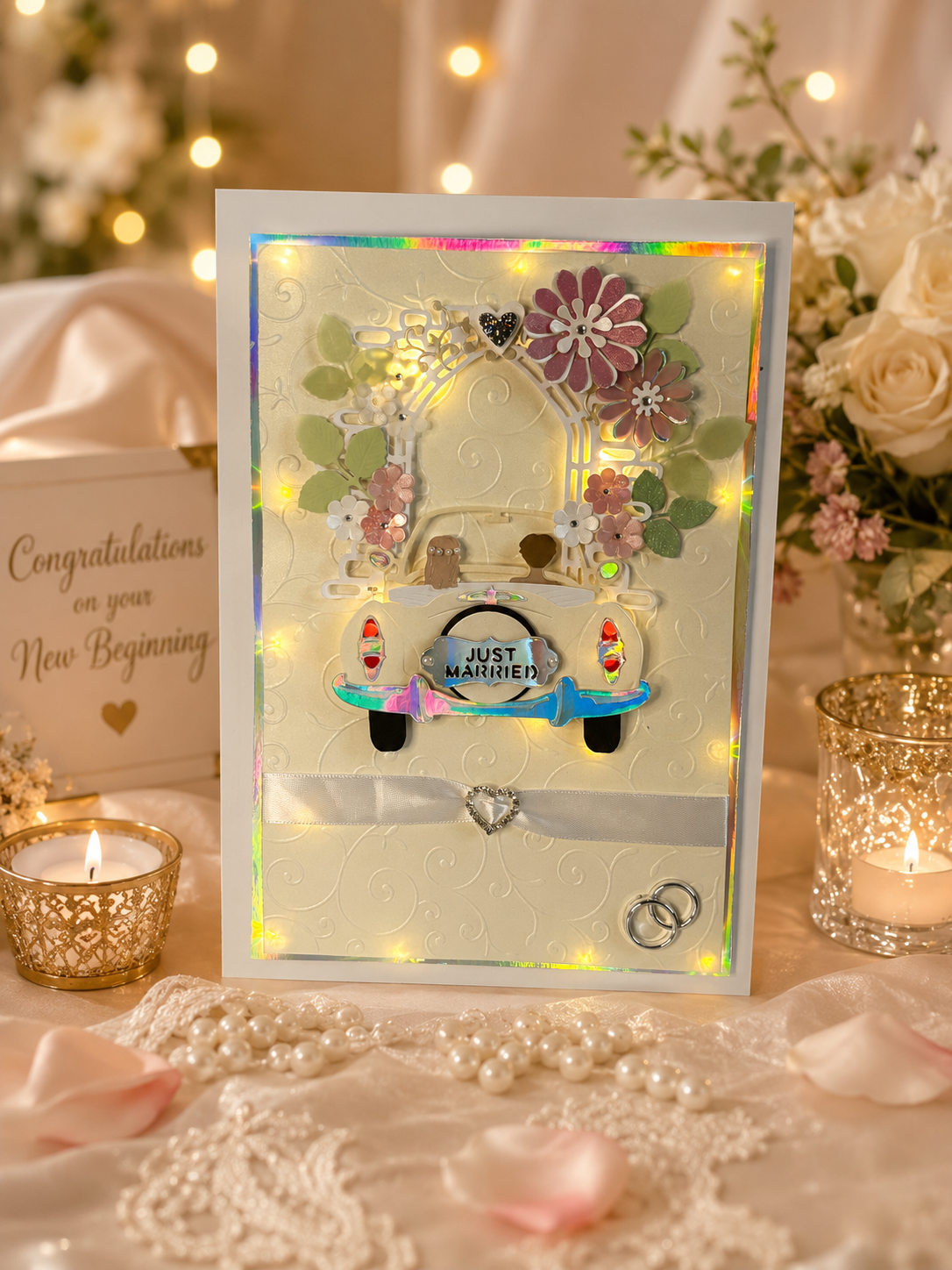 Just Married handmade wedding keepsake card with floral design