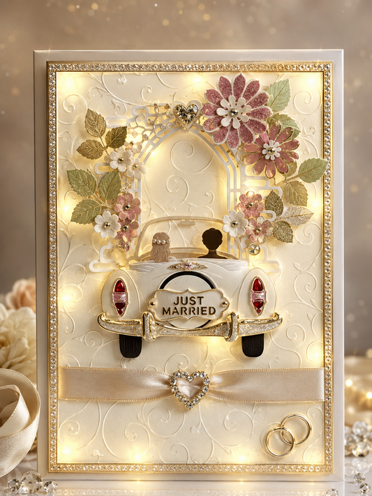 Just Married wedding card gold floral edition - standard version with diamanté border and floral arch