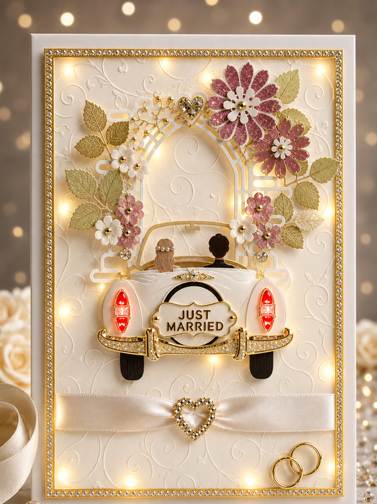 Just Married wedding card gold floral edition - LED light-up version with warm fairy light glow