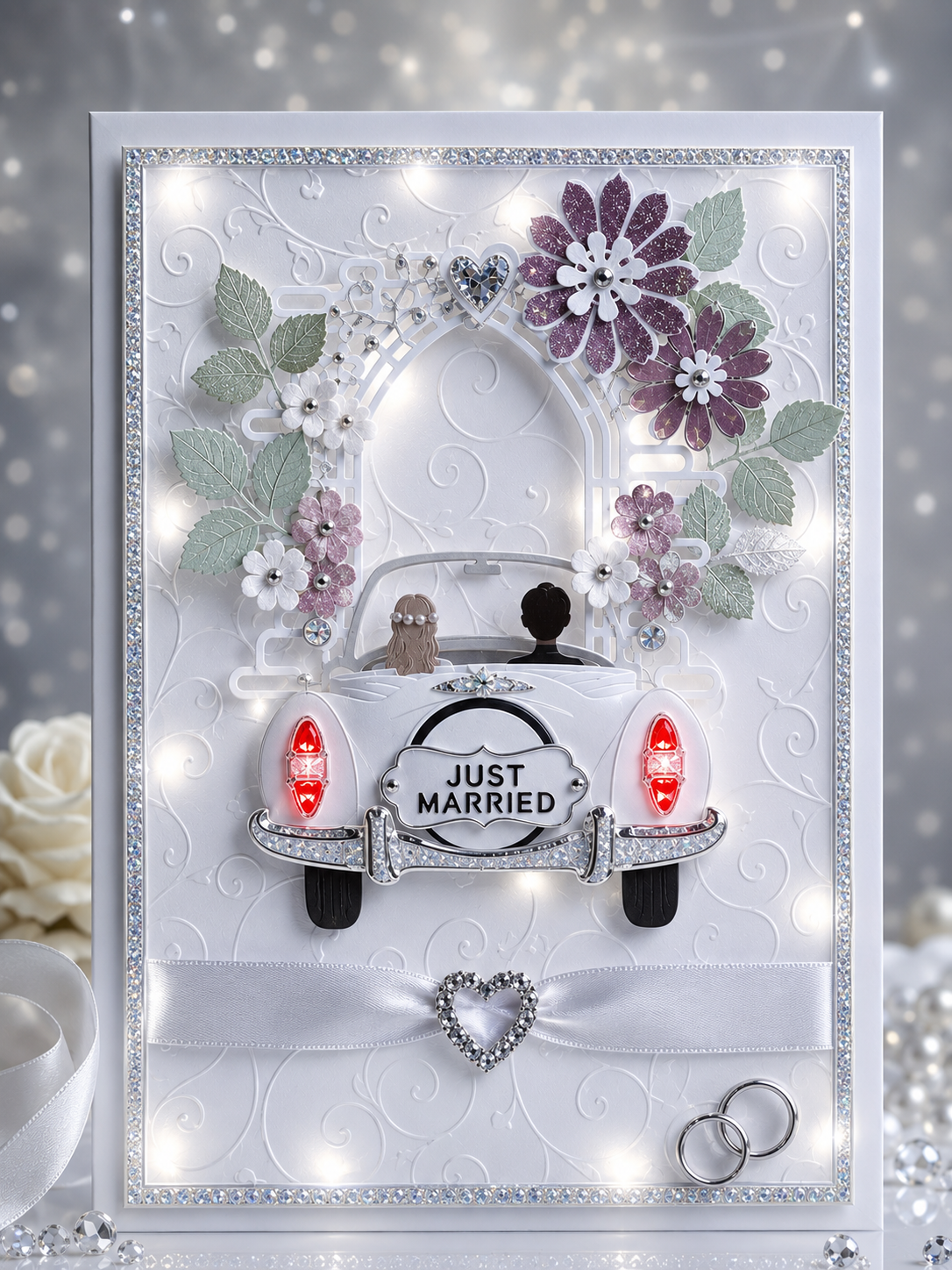 Just Married wedding card in white with LED light-up detail
