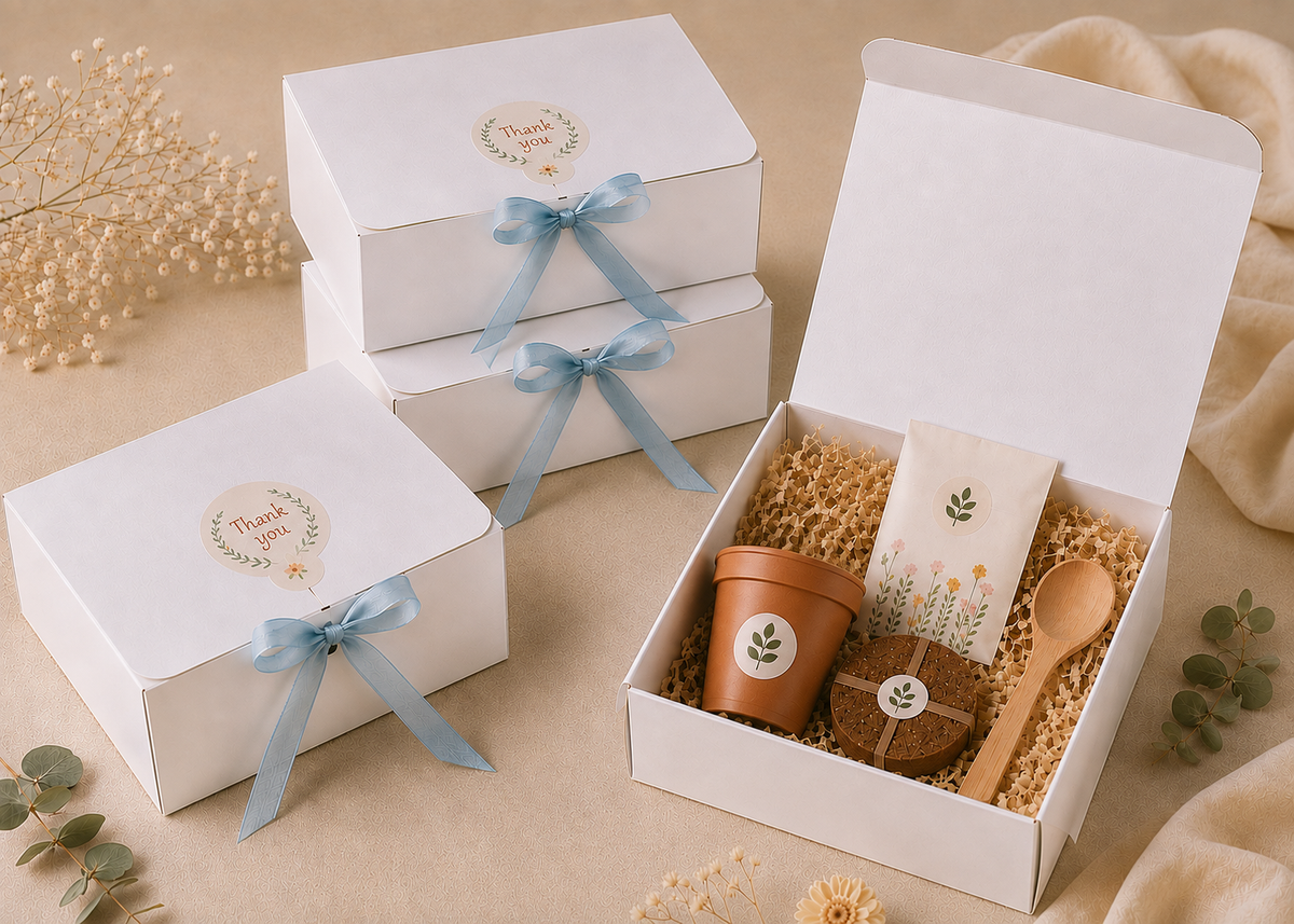 Personalised seed planting kit with plastic pot in white gift box